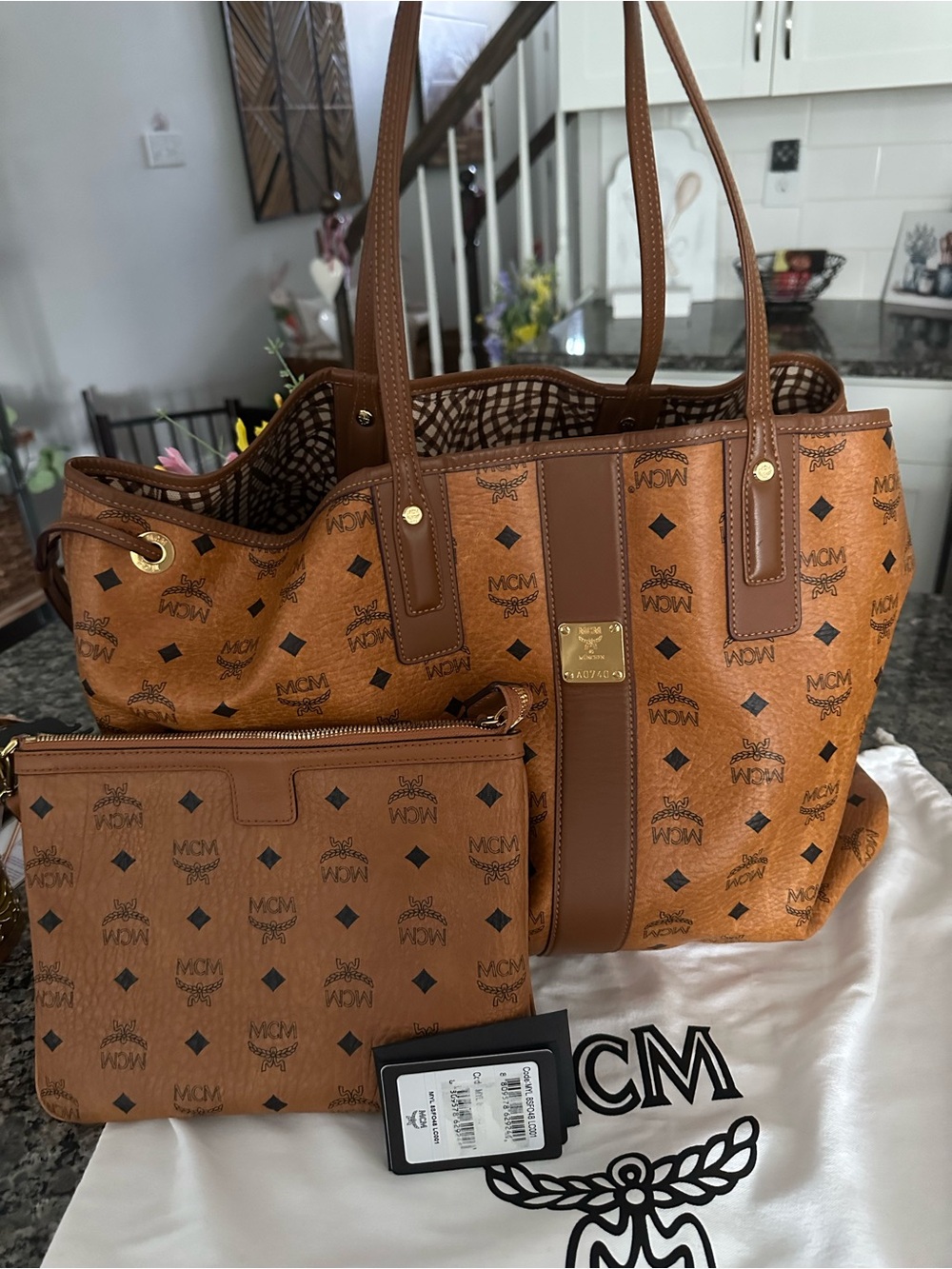 MCM Visetos Cognac Canvas Tote with Matching Pouch